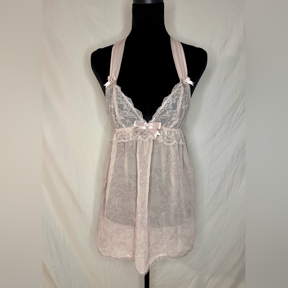 Lace Halter Chemise in Light Pink with floral pattern